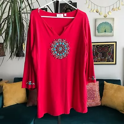 QUACKER FACTORY Size XL Red Cotton Knit Turquoise Beaded 3/4 Sleeve Top • $19.99