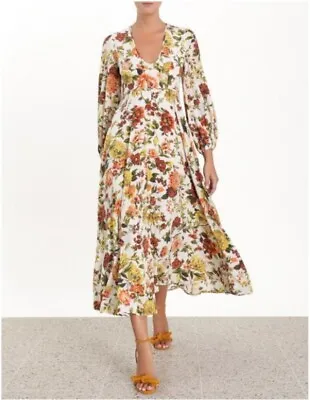 Zimmermann Sz 1 AU 10 US 6 Peachy Autumn Zippy Plunge Floral Silk Maxi Dress • $385