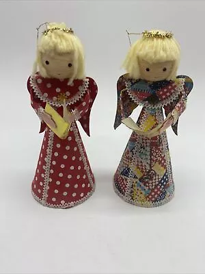 Pair 8” Vintage Cardboard Angel Christmas Ornament Topper Golden Hair Wings • $12.99