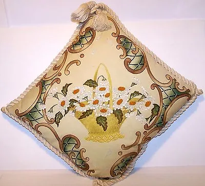 Estate Vintage HAND SEWN Pillow Wicker DAISIES Flower BASKET Feather Filled 19” • $22.91