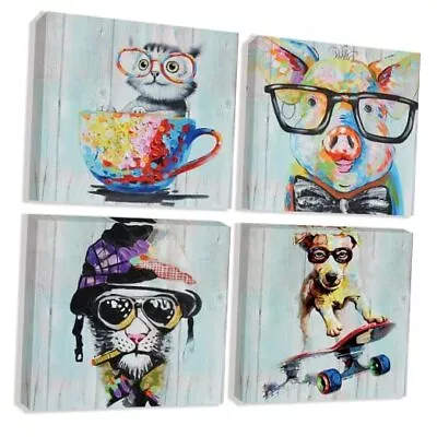 Funny Colorfulnimal Canvas Wallrt Print Paintings 4 Pieces 12 X12 X4 Pieces A • $57.76