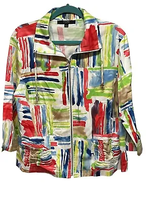 TONI MORGAN Jacket Women Size L Primary Color Multi Abstract Full Zip 3/4 Sleeve • £11.68