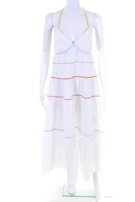 $97.01 • Buy Staud Women's Multicolored Piping Halter V Neck Backless Maxi Dress White Size M