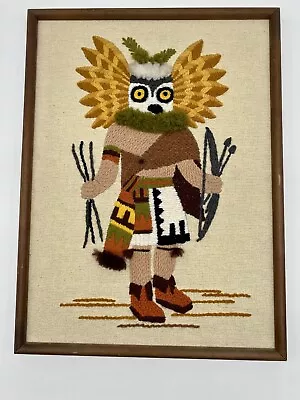 Vintage Native American Design Owl Kachina Framed Needlepoint Embroidery MCM • $30