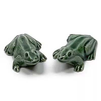 Pair Miniature Frogs Figurines Mud Majolica Glazed Green 1/2  H Mid-Century 1960 • $8.98