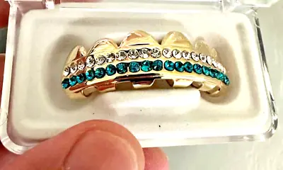 Custom Fit Iced CZ 14K Gold Plated Metal Mouth Teeth Grillz Upper Top Teal Green • $13.99