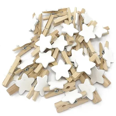 Mini 30mm Wood Clothes Pegs With 15mm White Star Craft ShabbyChic Embellishment • £5.49