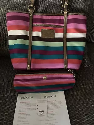 COACH Legacy Stripe Multi Color Sateen Gold Leather Shoulder Tote Bag • $25