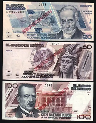 Mexico 20 50 100 PESOS 1992 Rare 3 Pcs Mexican Specimen Set UNC Money BANK NOTE • $1599.99