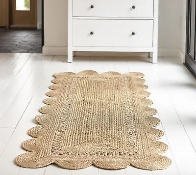 Jute Rug Latest Scallop Design Rustic Look Carpet Living Room Area Rug Runner • £28.13