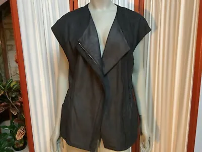 VINCE Black Lambskin Leather Vest Perforated Cap Sleeve Cinch Waist Size L • $159.99