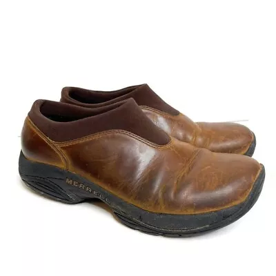 MERRELL Women's Primo Moc Mocha Brown Leather Slip On Stretch Clog Shoe Sz 7.5 • $34.39