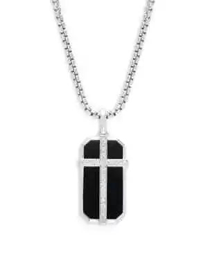 NEW Effy Men's Silver Onyx White Sapphire Cross Pendant Necklace Black 23  $1160 • $800