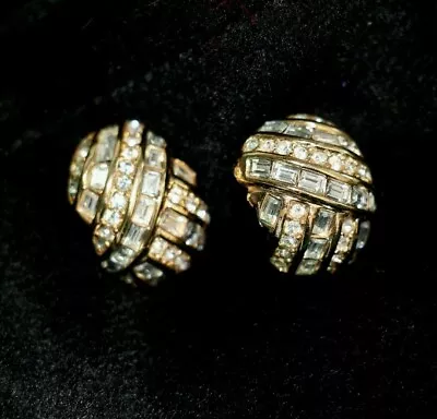 Vintage Monet Rhinestone Evening Wear Earrings/two Tone Dome Style/ Elegant • $9.95