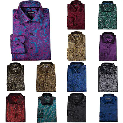 Navy Blue Floral Silk Jacquard Woven Mens Shirts Long Sleeve Casual Tops Regular • £15.99