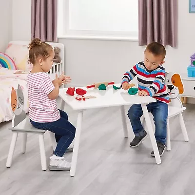 Kids Table And Chairs Set Cat And Dog Theme White And Grey • £54.99