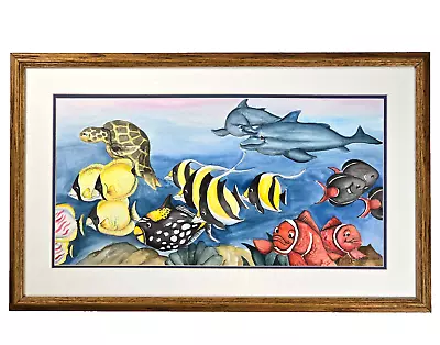 VTG Original Watercolor By Lisa Rasmussen Tropical Fish Dolphins Sea Turtle • $120