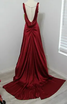 Vintage Red Evening Gown Cut Low Back Crystal Rushed Formal Gown With Huge Train • $995