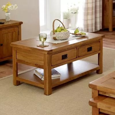 Rustic Oak 2 Drawer Coffee Table With Shelf - Living Room Furniture - RS21 • £329