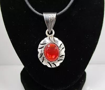 Orange Cabochon Created Mexican Fire Opal Sterling Swirl Etched Pendant Mexico • $30