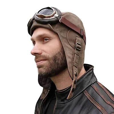 Leather Aviator Hat Pilot Helmet Cap Goggles Brown Vintage For Men And Women • $140.90