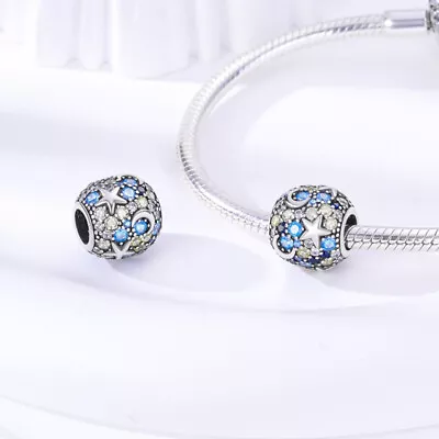 Moon Full Of Stars Sky Crystal Ball Bead Charm Sterling Silver 925 • £13.99