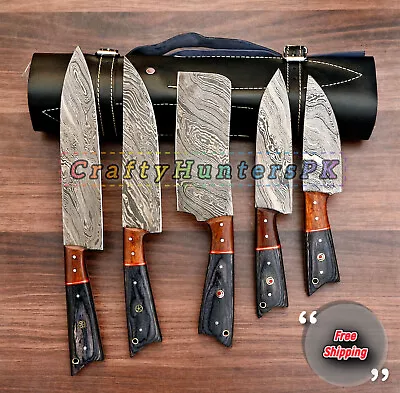 5pcs Kitchen Chef Set Handmade HAND FORGED DAMASCUS STEEL CHEF KNIFE W/Sheath • $134.99