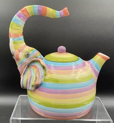 Vintage Blue Sky Ceramic Elephant Multi Colored Striped Teapot • $50