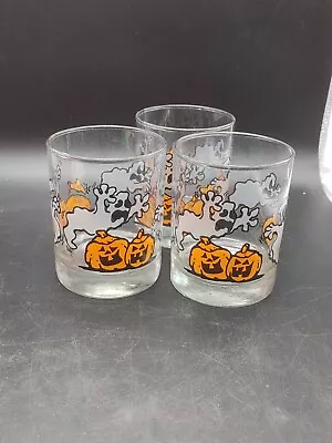 3 Halloween Ghosts Jack-o-lantern Double Old Fashioned Glass Barware Vintage B6 • $29.99