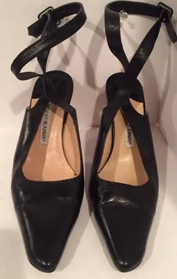 MANOLO BLAHNIK SZ 8 Black Ankle Wrap Strap Heel  Leather  # 1710 • $105.95