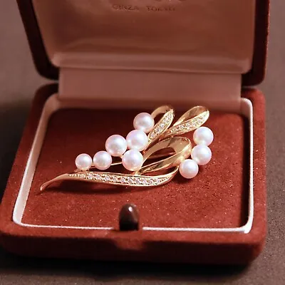 Mikimoto 18K Yellow Gold Pearl And Diamond Brooch Pin With Original Box • $1500
