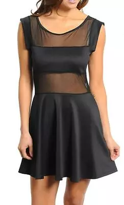 Women's Sleeveless Mesh Detail Skater Flowy Party Cocktail Dress Black • $17.95