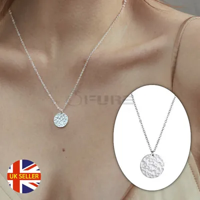 Geometric Round Disc Coin Pendant Moon Hammered Pattern Ladies Silver Necklace • £3.99