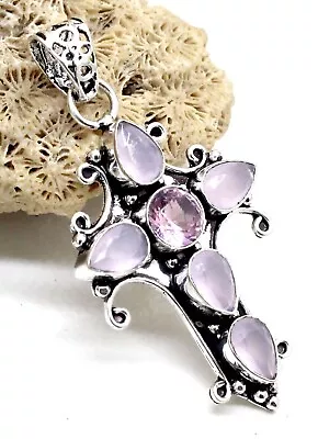 925 Sterling Silver Rose Quartz & Topaz Gemstone Jewelry Cross Pendant Size-2 • $14.53