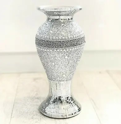 £34.99 • Buy Beautiful 40cm Diamond Mosaic Vase Silver Crystal Decorative Mirror Luxury ✨