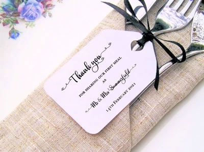 £14.95 • Buy Personalised Printed Wedding Favour First Meal Napkin Gift Thank You Tags+Ribbon