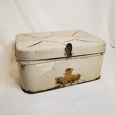 $54 • Buy Vintage Mid Century Tin Bread Box Hinges With Knob/Latch Cream Girl Floral Decal