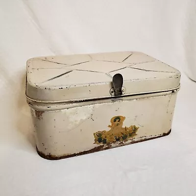 Vintage Mid Century Tin Bread Box Hinges With Knob/Latch Cream Girl Floral Decal • $38.75