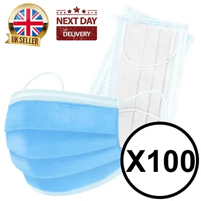 100 Pack Face Mask Protective Covering Mouth Masks Disposable 3ply Ear Loop Ppe • £29.99