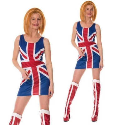 £11.99 • Buy Ginger Spice Girls Costume 90s Union Jack Ladies Womens Fancy Dress Ginger Wig
