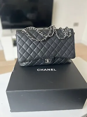 CHANEL Authentic Classic Maxi Flap Bag Black Silver Hardware • £3800