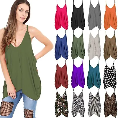 Womens Romper V Neck Loose Baggy Fit Ladies Cami Lagenlook Vest Top • £7.49