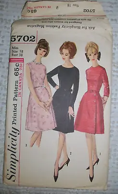 🌻Simplicity Vintage 60s Sewing Pattern 5702 One Piece Dress Size 18 Cut • $5