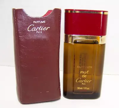 VINTAGE Must De Cartier Eau De Toilette 1 Fl. Oz. Full In Leather Case • $95.99