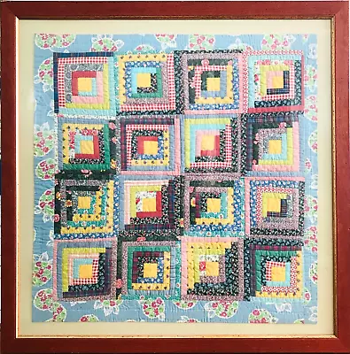 Log Cabin Quilt Flour Sack Vintage Fabrics Wood Frame Glass Wall Decor 38  X 38  • $186.75