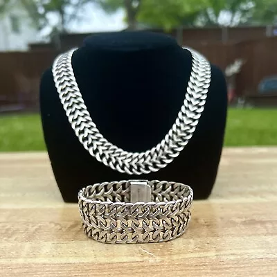 VTG  Sterling Silver Mexico Heavy Chainmail Mesh Woven Link Choker/ Bracelet Set • £243.28