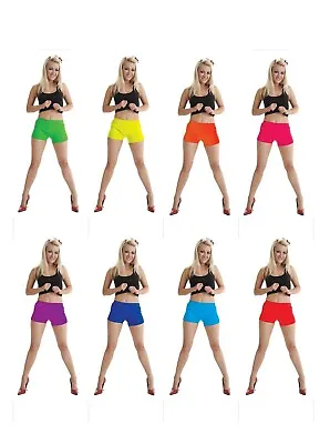 £3.26 • Buy Ladies Women's Neon Stretchy Hot Pants Elasticated Gym Dance Shorts Fancy Dress