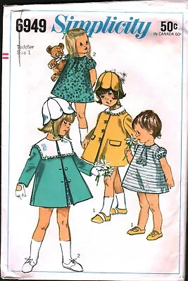 6949 Vintage Simplicity Sewing Pattern Girls 1960s Dress Hat Coat Toddler Winter • $5.59
