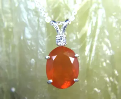 MEXICAN FIRE OPAL- Genuine Orange 925 Sterling Silver Necklace + White Sapphire • $139.90