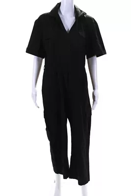 Zara Womens Front Zip Short Sleeve Collared Jumpsuit Black Cotton Size Large • $42.69